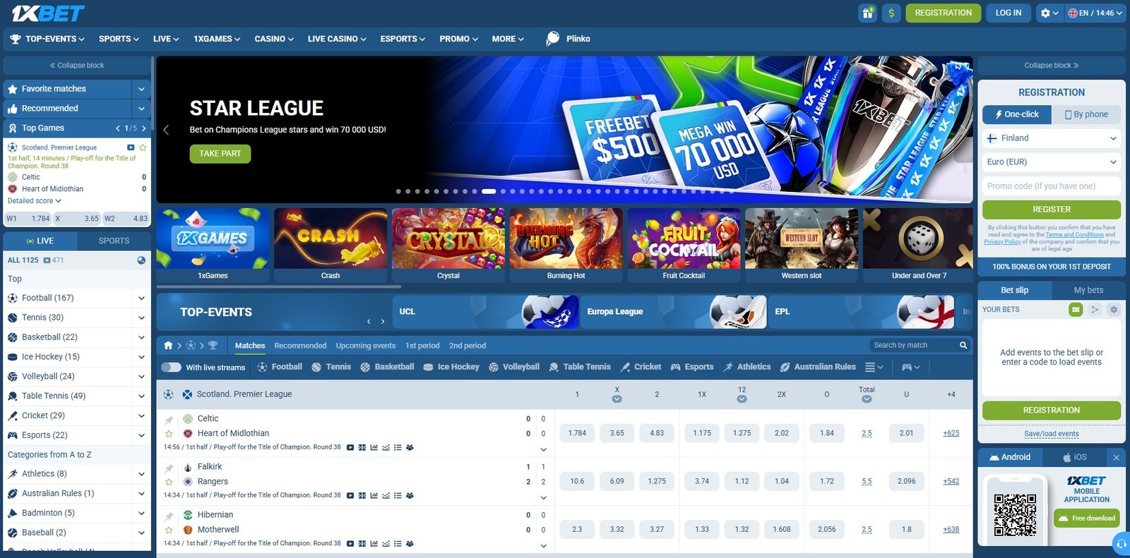 1xBet main page screenshot